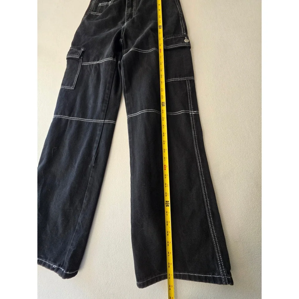 SHEIN Tall XS Black Wide Leg Cargo Jeans High Rise Contrast Stitch Y2K Goth